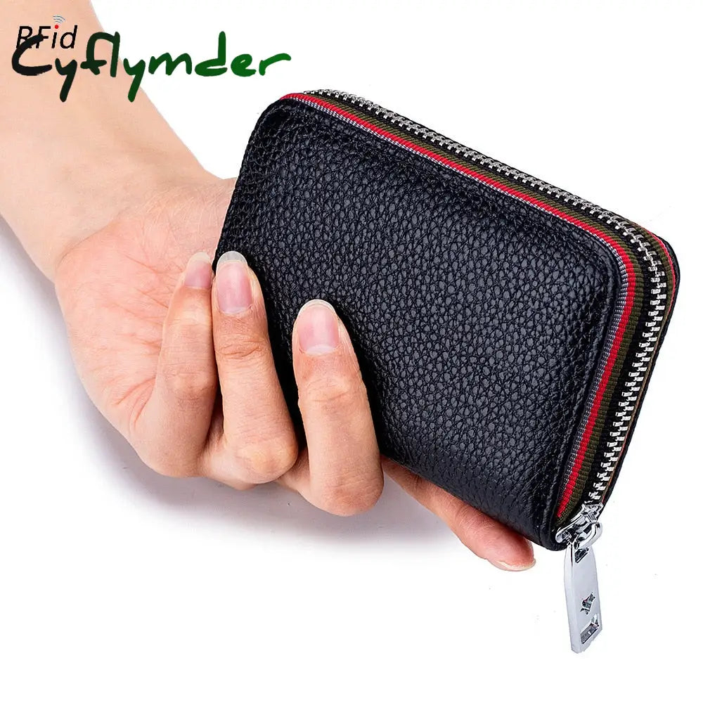 Cyflymder Genuine Leather Men Women Card Holder Small Zipper Wallet Solid Coin Purse Accordion