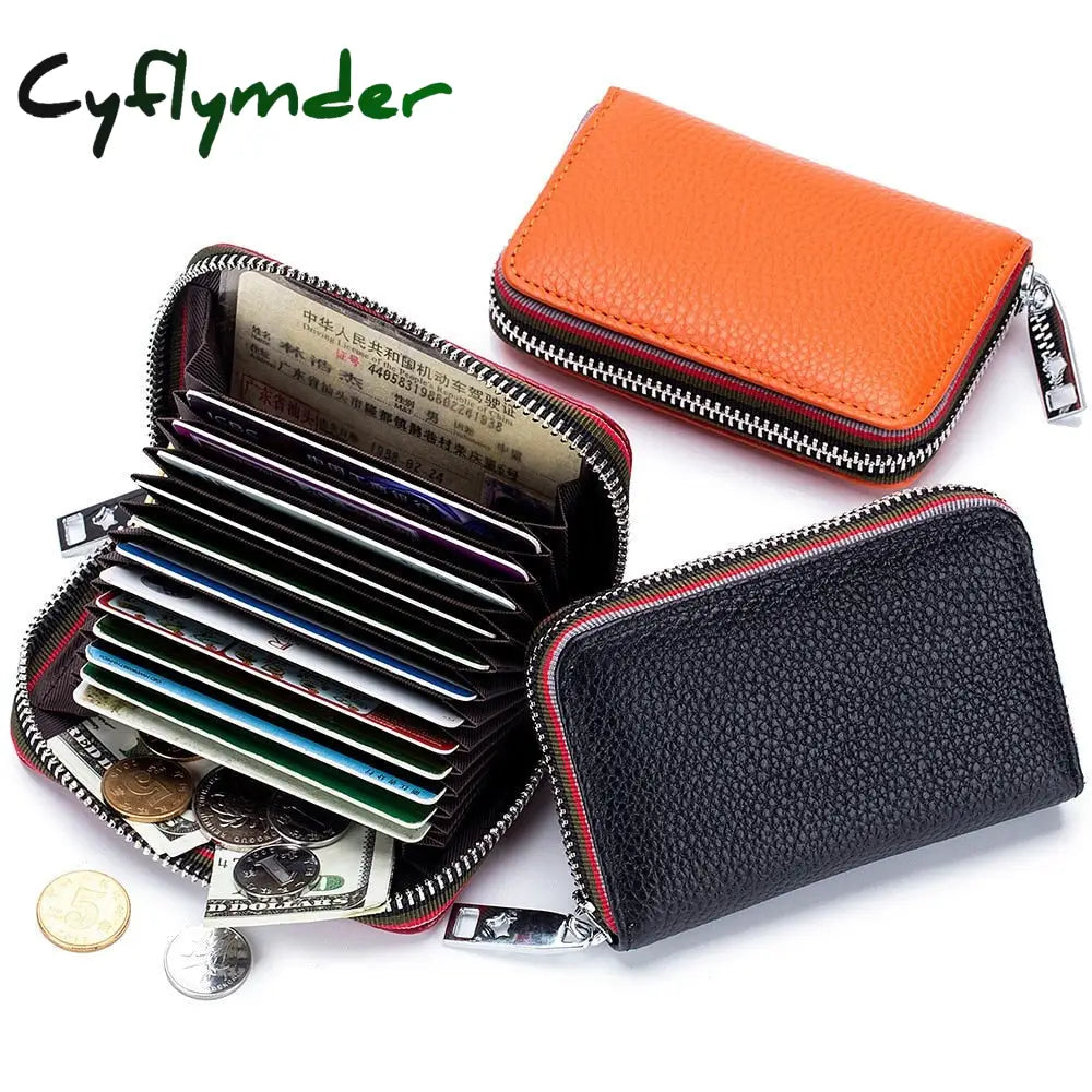 Cyflymder Genuine Leather Men Women Card Holder Small Zipper Wallet Solid Coin Purse Accordion