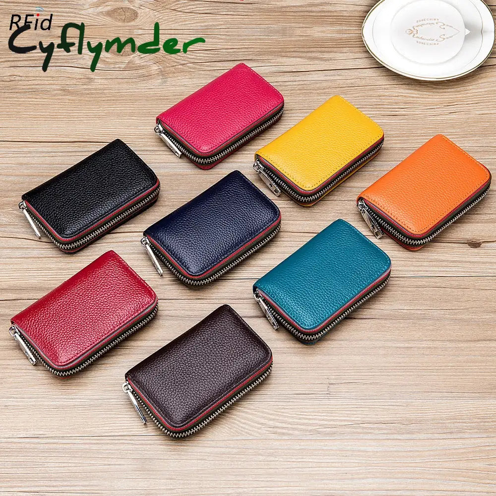 Cyflymder Genuine Leather Men Women Card Holder Small Zipper Wallet Solid Coin Purse Accordion