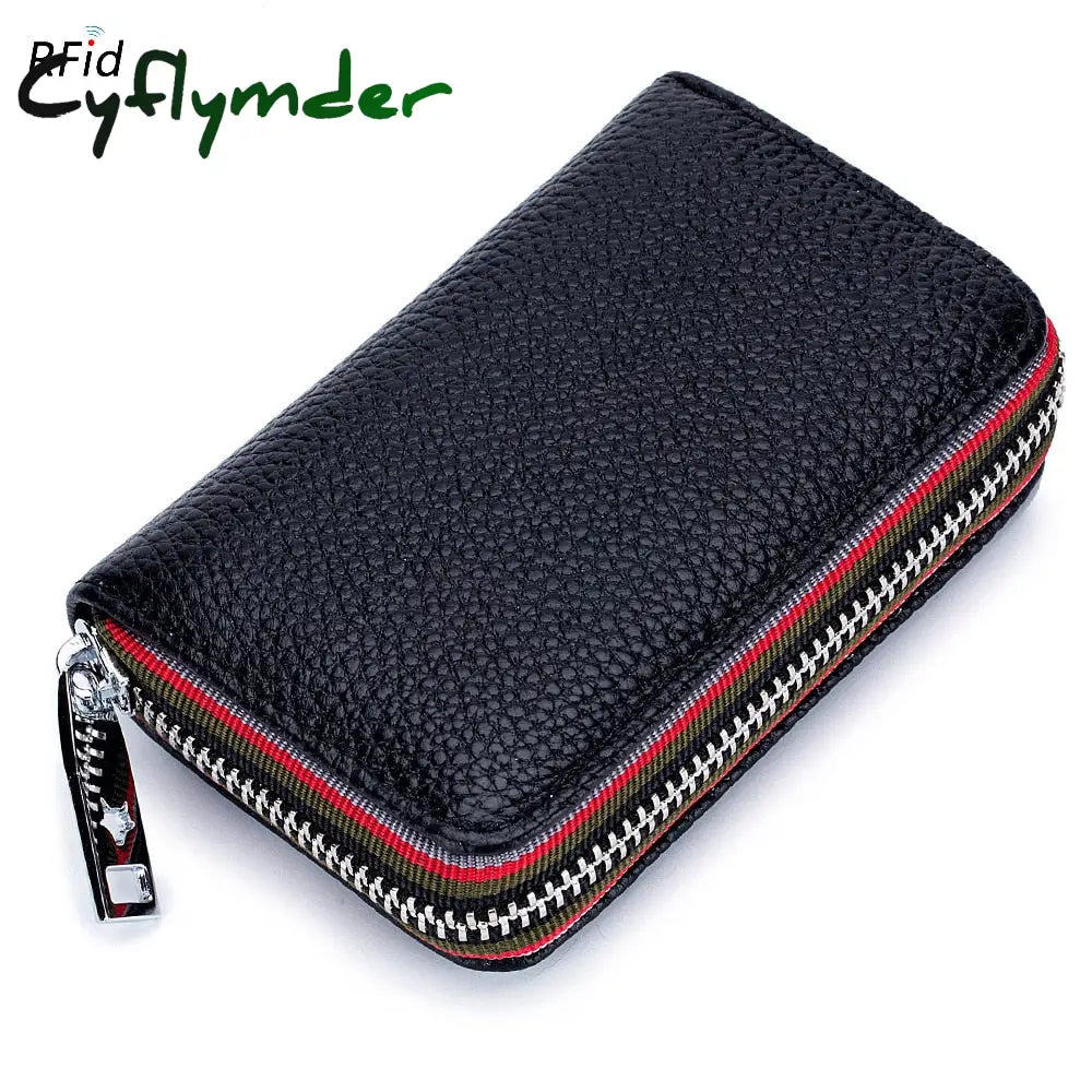 Cyflymder Genuine Leather Men Women Card Holder Small Zipper Wallet Solid Coin Purse Accordion