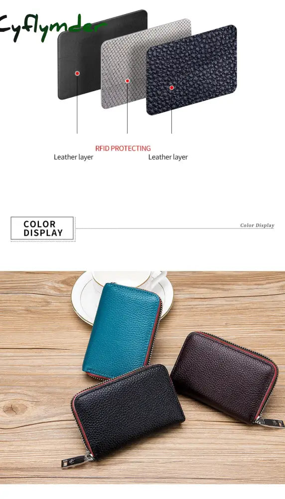 Cyflymder Genuine Leather Men Women Card Holder Small Zipper Wallet Solid Coin Purse Accordion