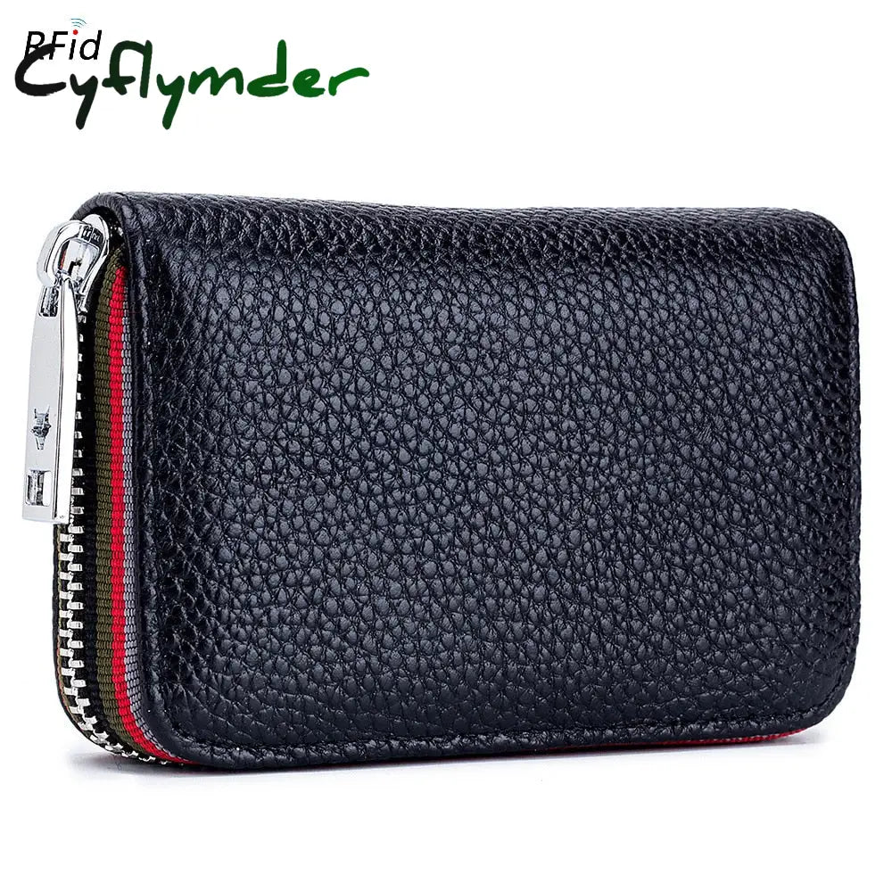 Cyflymder Genuine Leather Men Women Card Holder Small Zipper Wallet Solid Coin Purse Accordion