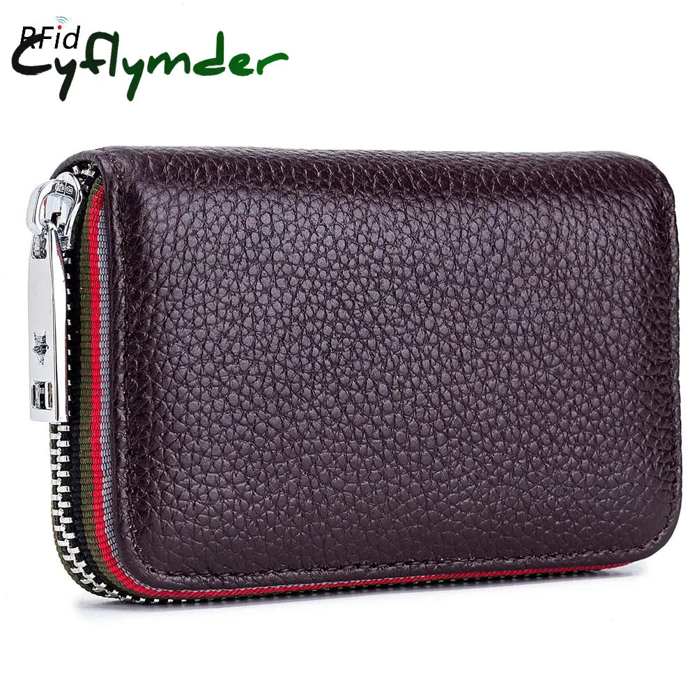 Cyflymder Genuine Leather Men Women Card Holder Small Zipper Wallet Solid Coin Purse Accordion