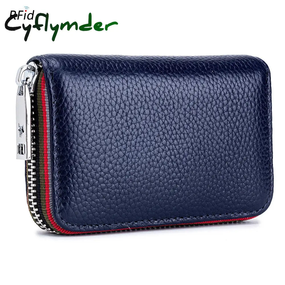 Cyflymder Genuine Leather Men Women Card Holder Small Zipper Wallet Solid Coin Purse Accordion