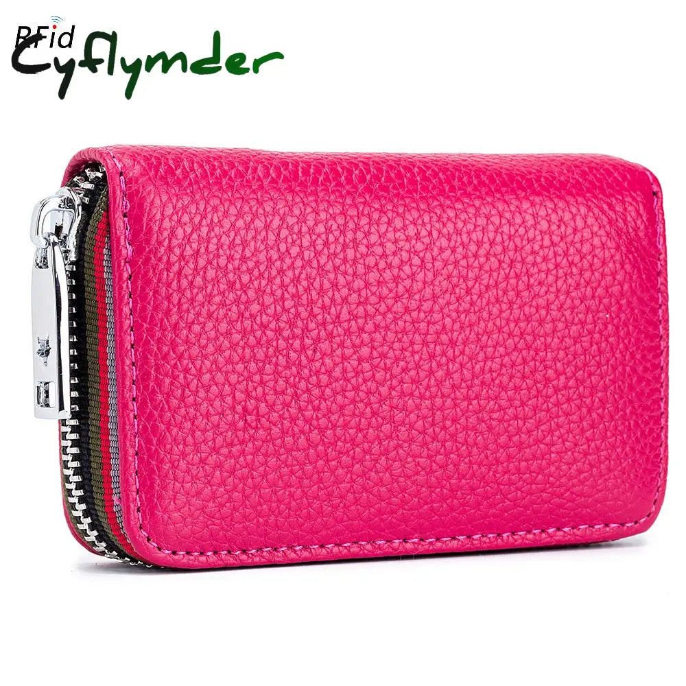 Cyflymder Genuine Leather Men Women Card Holder Small Zipper Wallet Solid Coin Purse Accordion