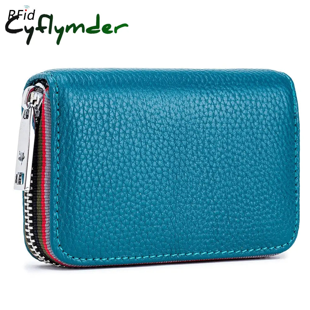 Cyflymder Genuine Leather Men Women Card Holder Small Zipper Wallet Solid Coin Purse Accordion