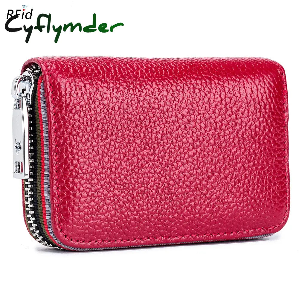 Cyflymder Genuine Leather Men Women Card Holder Small Zipper Wallet Solid Coin Purse Accordion