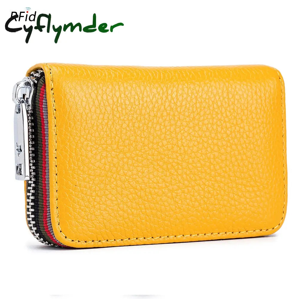 Cyflymder Genuine Leather Men Women Card Holder Small Zipper Wallet Solid Coin Purse Accordion