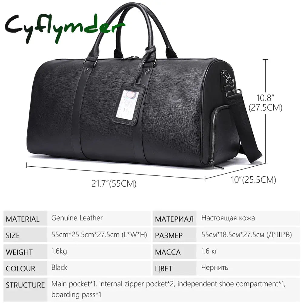 Cyflymder Genuine Leather Men Women Travel Bag Real Carry-On Hand Luggage Bags Shoulder Big Totes