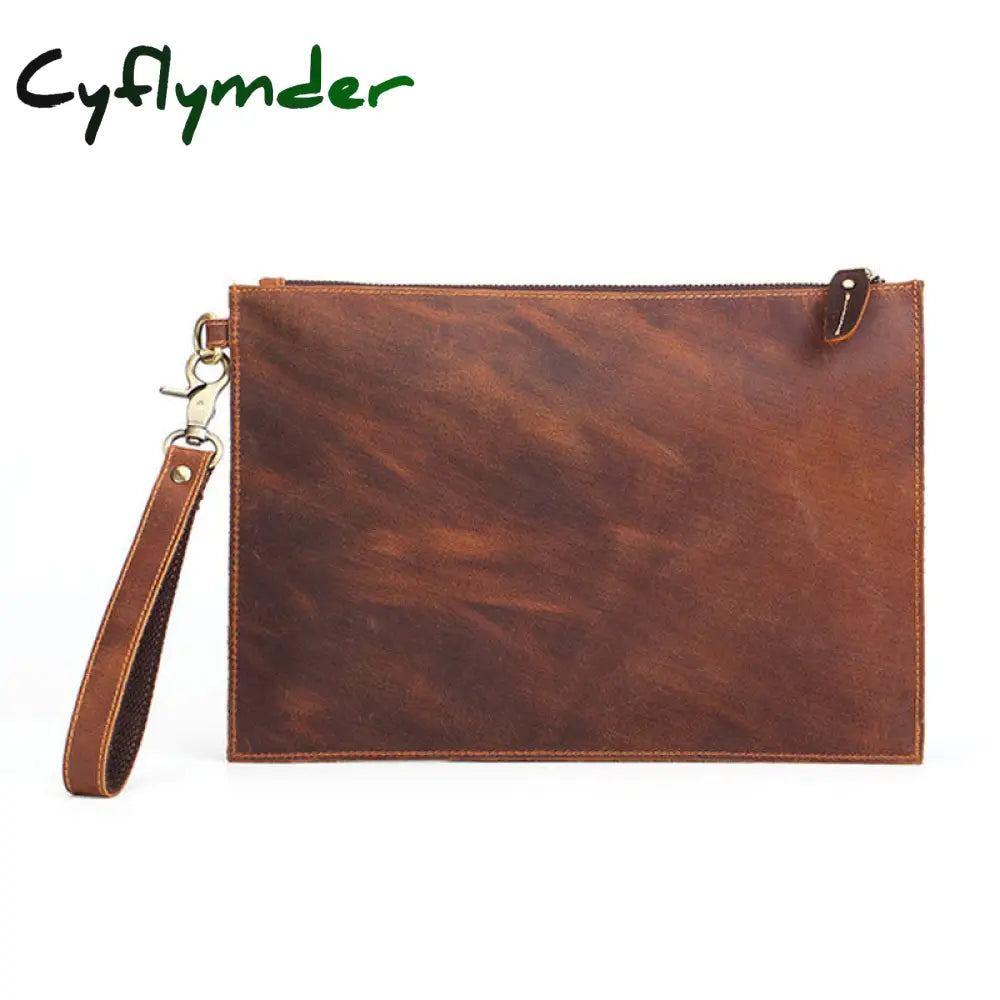 Cyflymder Genuine Leather Men’s Clutch Bag Big Crazy Horse Business Document Envelope Top Layer