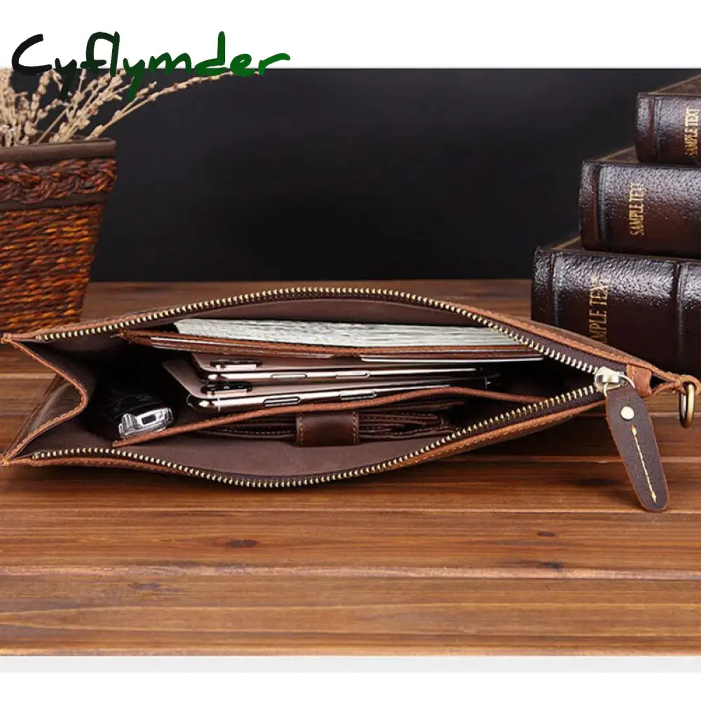 Cyflymder Genuine Leather Men’s Clutch Bag Big Crazy Horse Business Document Envelope Top Layer