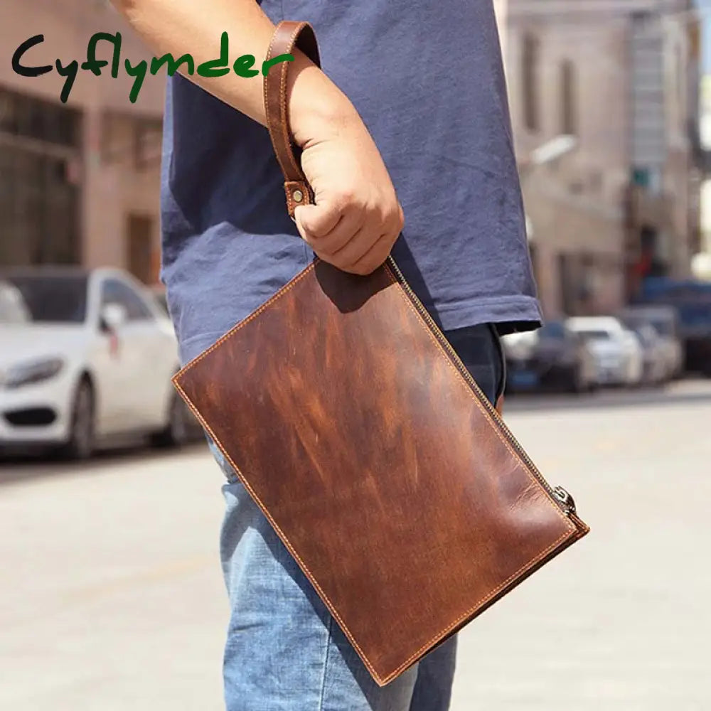 Cyflymder Genuine Leather Men’s Clutch Bag Big Crazy Horse Business Document Envelope Top Layer