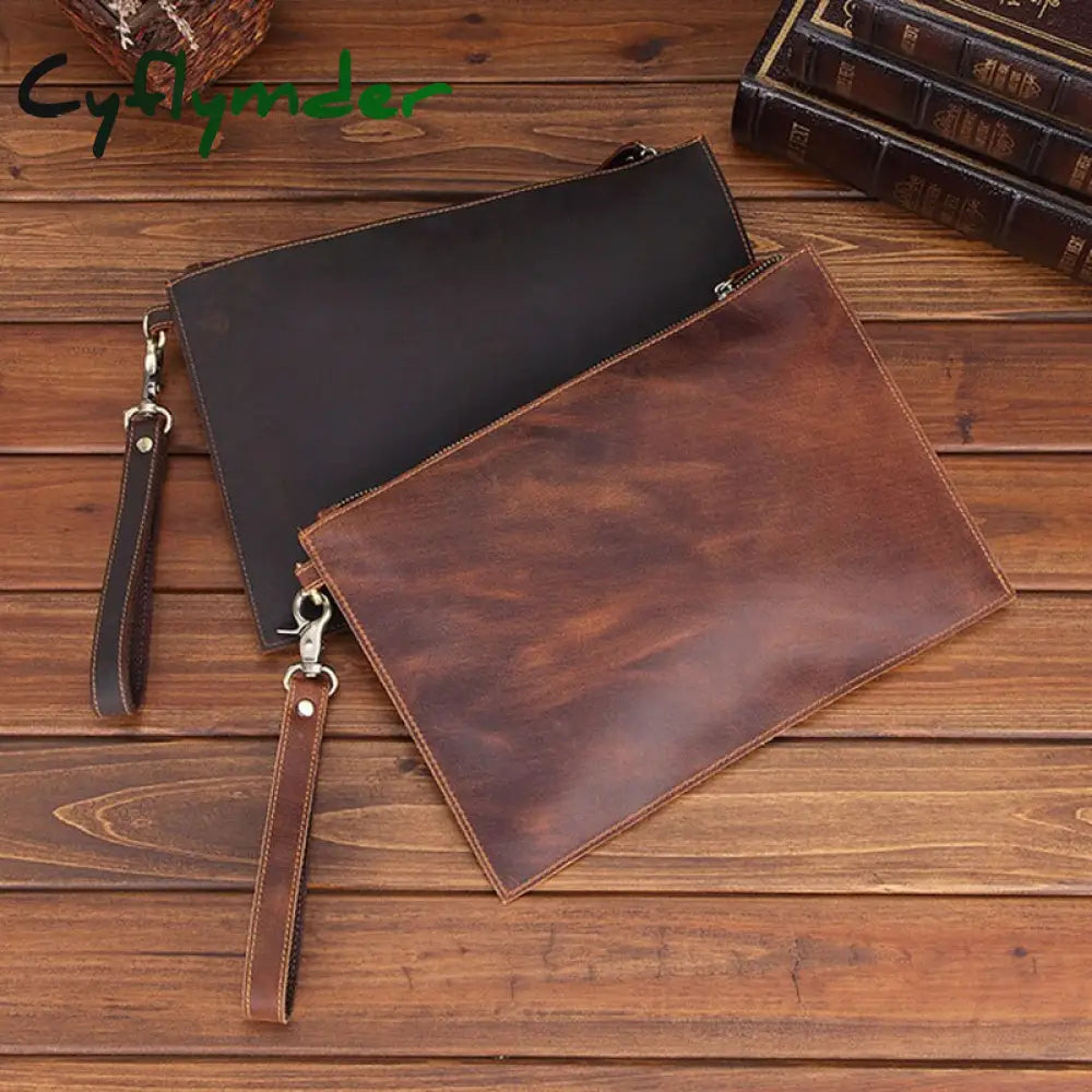 Cyflymder Genuine Leather Men’s Clutch Bag Big Crazy Horse Business Document Envelope Top Layer