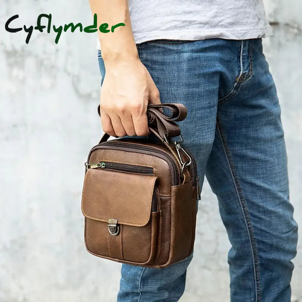 Cyflymder Genuine Leather Men’s Shoulder Bag Vintage Cowhide Double Zipper Pockets