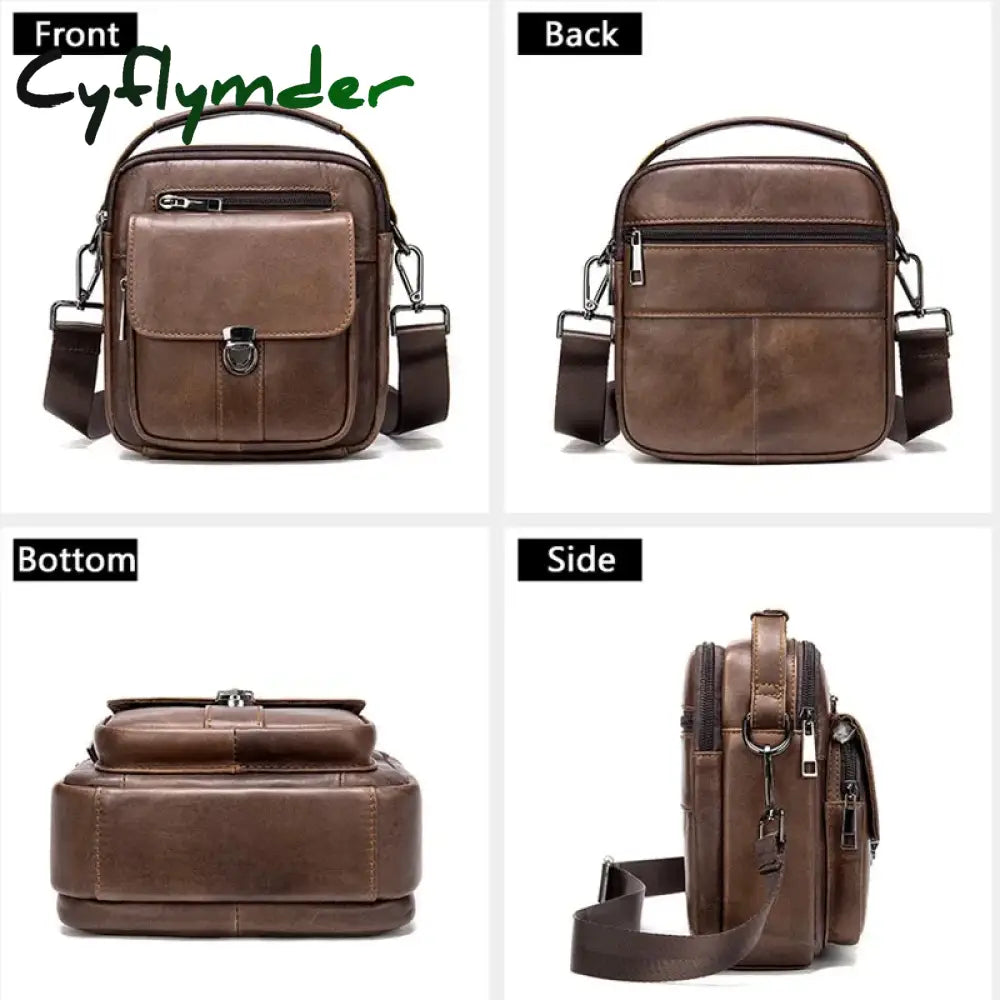 Cyflymder Genuine Leather Men’s Shoulder Bag Vintage Cowhide Double Zipper Pockets