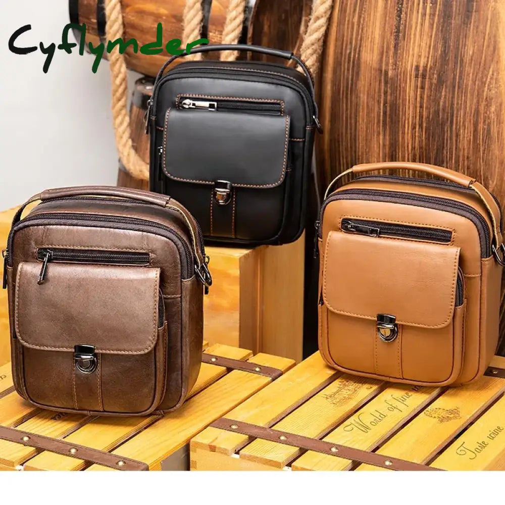 Cyflymder Genuine Leather Men’s Shoulder Bag Vintage Cowhide Double Zipper Pockets