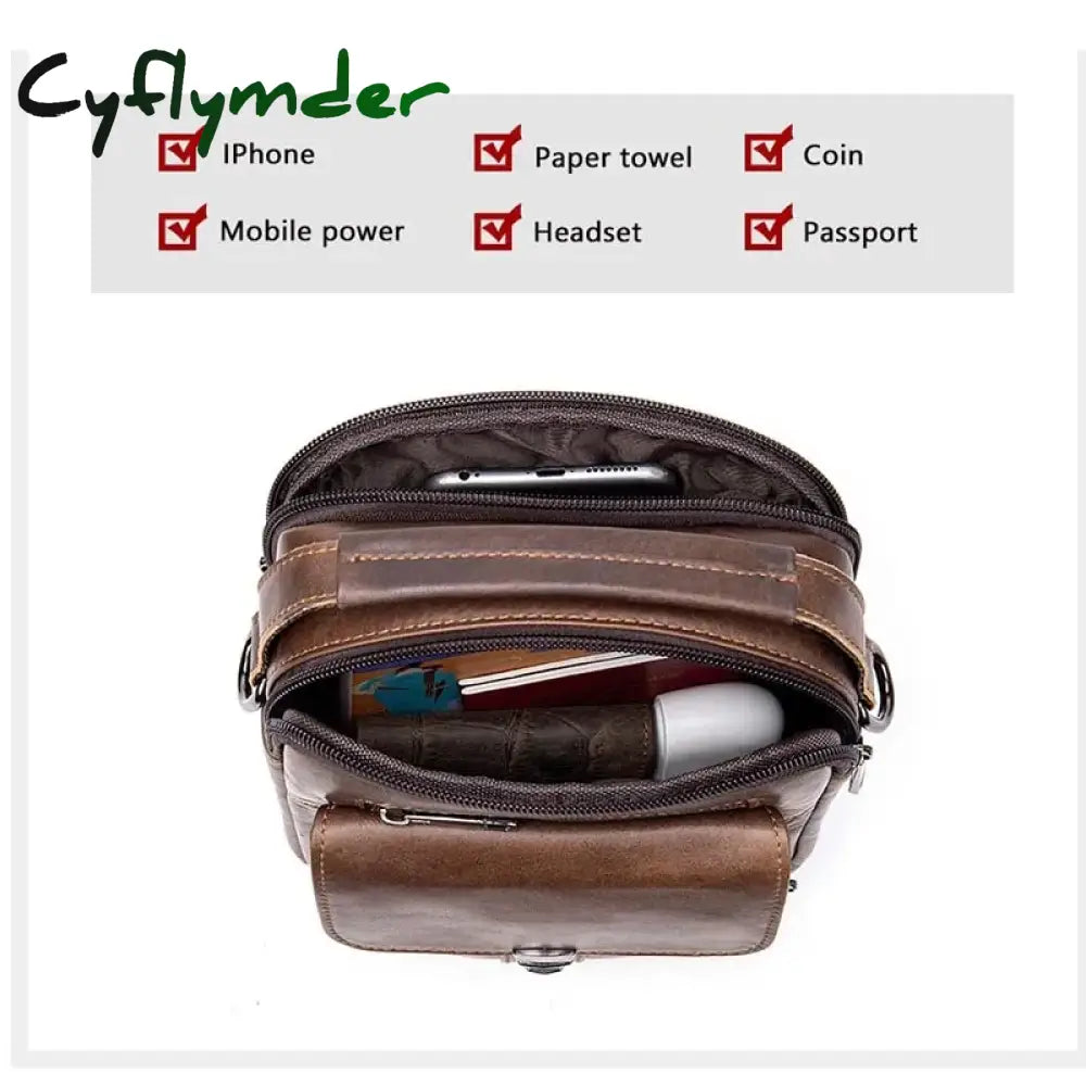 Cyflymder Genuine Leather Men’s Shoulder Bag Vintage Cowhide Double Zipper Pockets