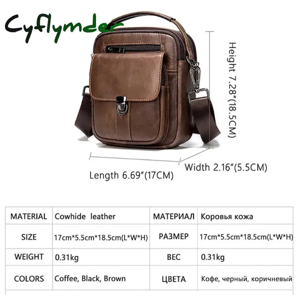 Cyflymder Genuine Leather Men’s Shoulder Bag Vintage Cowhide Double Zipper Pockets