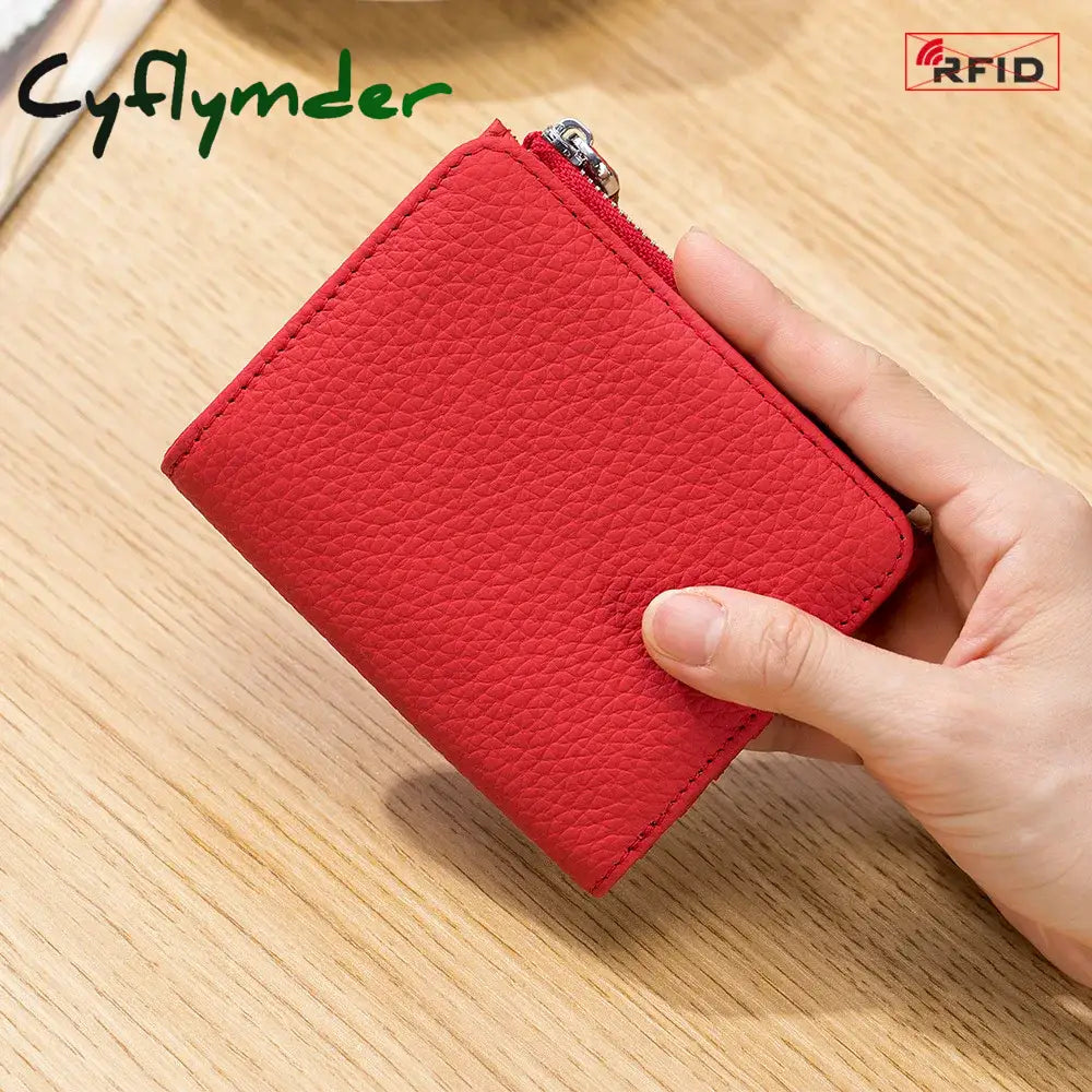 Cyflymder Genuine Leather Rfid Short Wallets Card Holder Bag Portable Cowhide Small Zipper Money