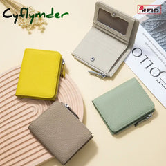 Cyflymder Genuine Leather Rfid Short Wallets Card Holder Bag Portable Cowhide Small Zipper Money