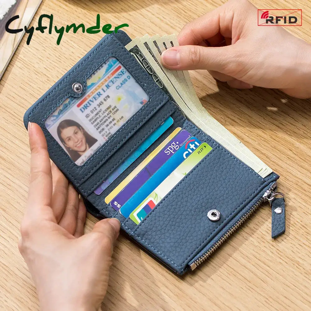 Cyflymder Genuine Leather Rfid Short Wallets Card Holder Bag Portable Cowhide Small Zipper Money