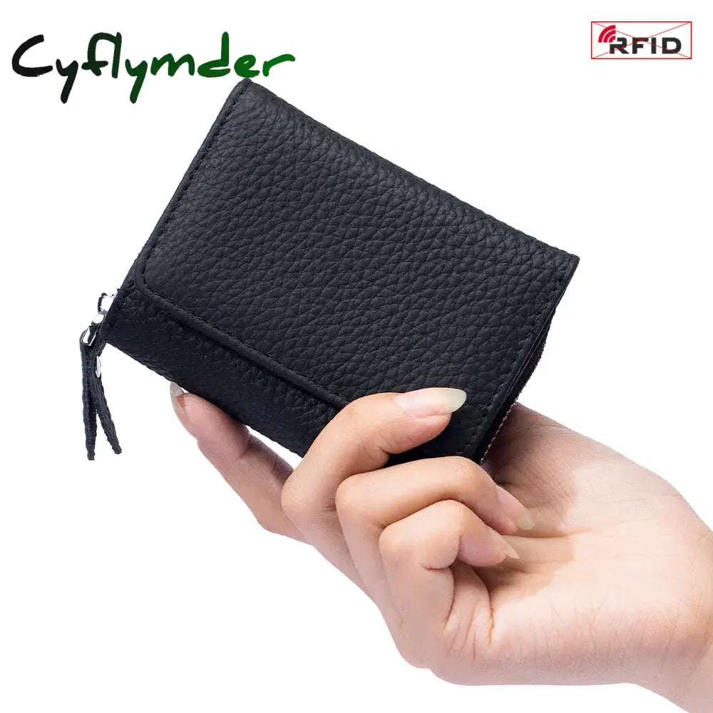 Cyflymder Genuine Leather RFID Short Wallets Card Holder Bag Portable Cowhide Small Zipper Money Coin Purse For Men