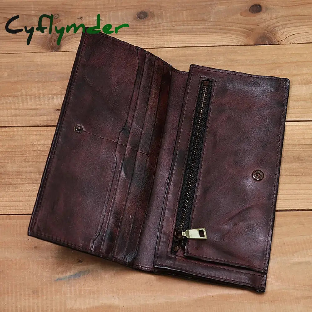 Cyflymder Genuine Leather Wallet For Men Women Vintage Retro Wrinkled Long Bifold Female Clutch