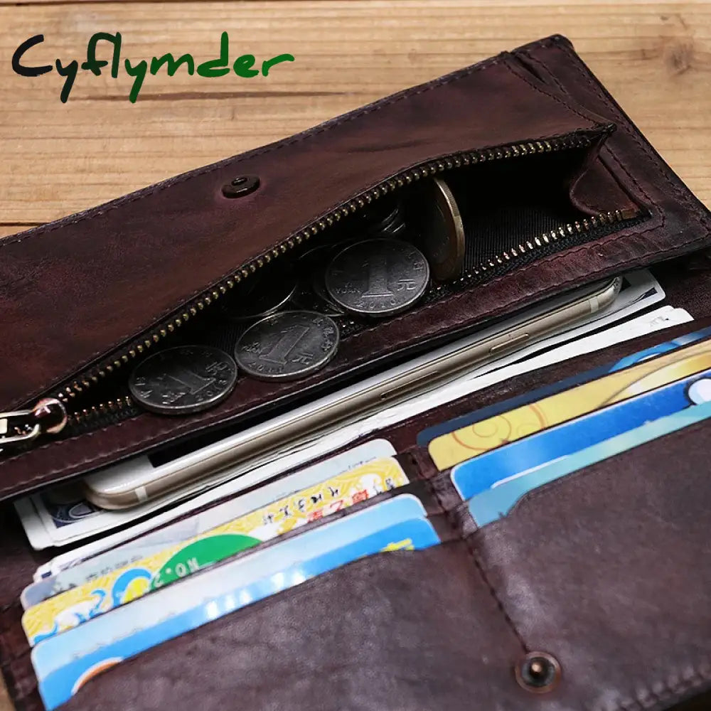 Cyflymder Genuine Leather Wallet For Men Women Vintage Retro Wrinkled Long Bifold Female Clutch