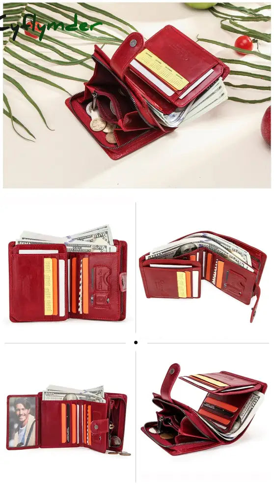 Cyflymder Genuine Leather Wallets Women Men Wallet Short Small Rfid Card Holder Ladies Red Coin