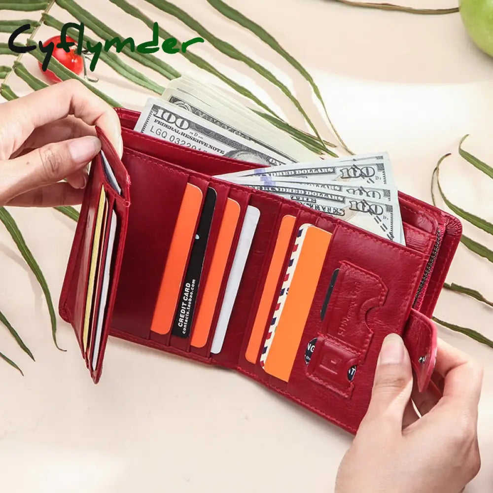 Cyflymder Genuine Leather Wallets Women Men Wallet Short Small Rfid Card Holder Ladies Red Coin