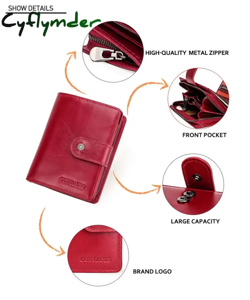 Cyflymder Genuine Leather Wallets Women Men Wallet Short Small Rfid Card Holder Ladies Red Coin