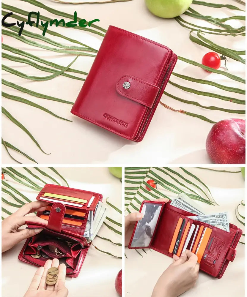 Cyflymder Genuine Leather Wallets Women Men Wallet Short Small Rfid Card Holder Ladies Red Coin