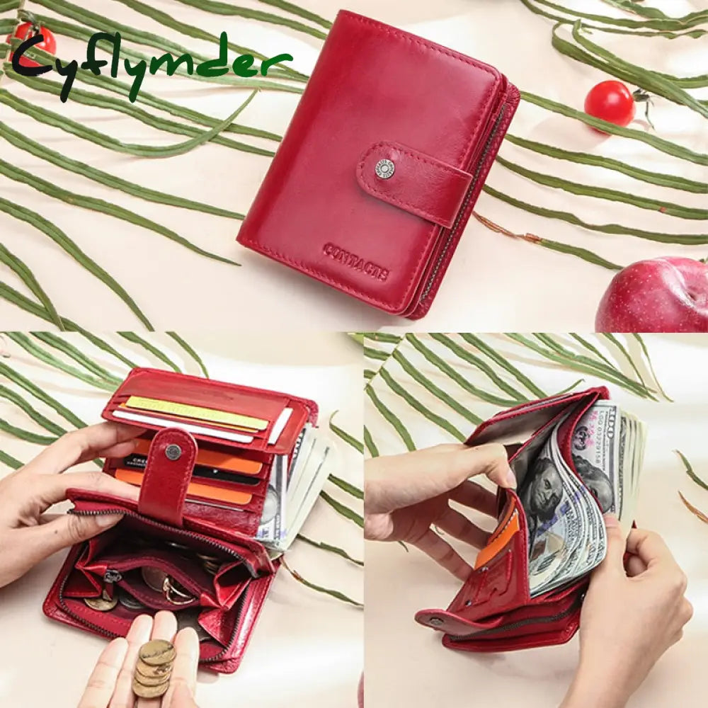 Cyflymder Genuine Leather Wallets Women Men Wallet Short Small Rfid Card Holder Ladies Red Coin