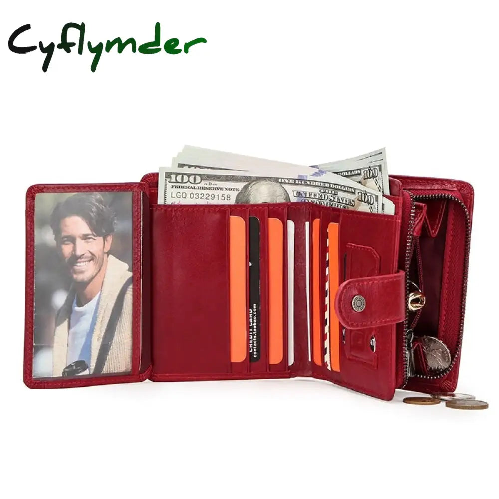 Cyflymder Genuine Leather Wallets Women Men Wallet Short Small Rfid Card Holder Ladies Red Coin