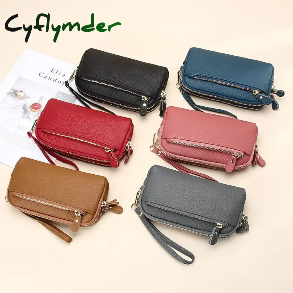 Cyflymder Genuine Leather Women Double Zip Wallet 2024 New Ladies Clutch Purse Cowhide Wristlet Bag