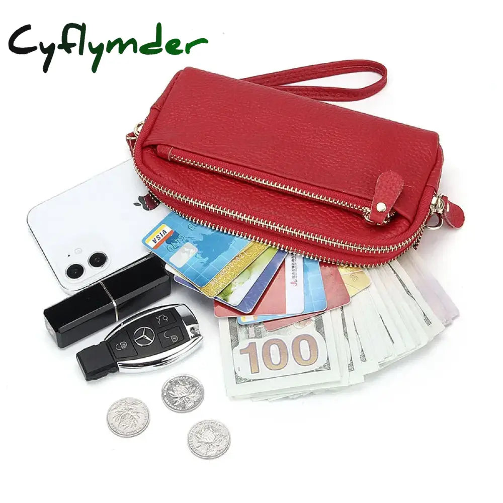 Cyflymder Genuine Leather Women Double Zip Wallet 2024 New Ladies Clutch Purse Cowhide Wristlet Bag