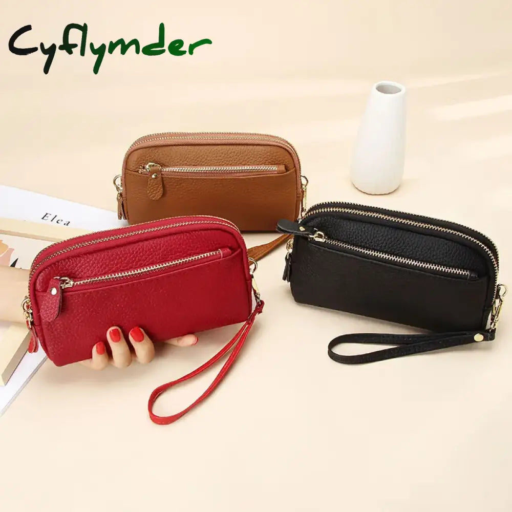 Cyflymder Genuine Leather Women Double Zip Wallet 2024 New Ladies Clutch Purse Cowhide Wristlet Bag