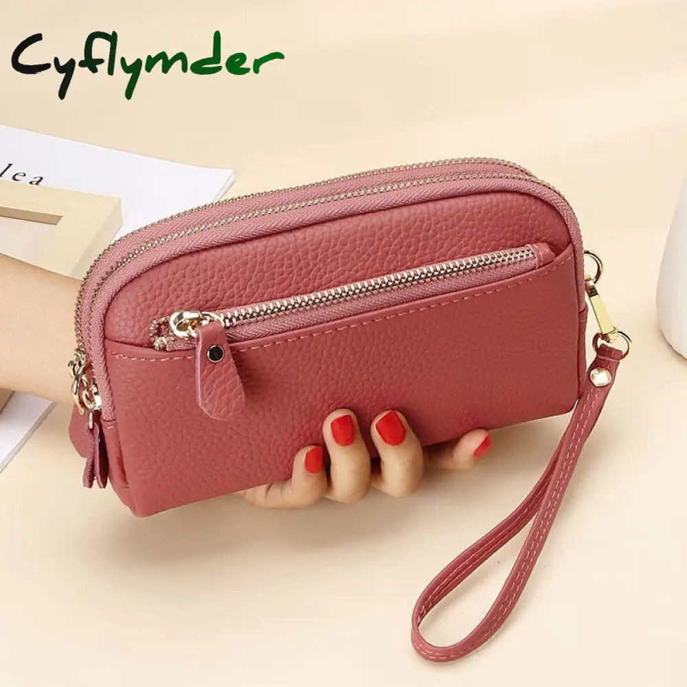 Cyflymder Genuine Leather Women Double Zip Wallet New Ladies Clutch Purse Cowhide Wristlet Bag Coin