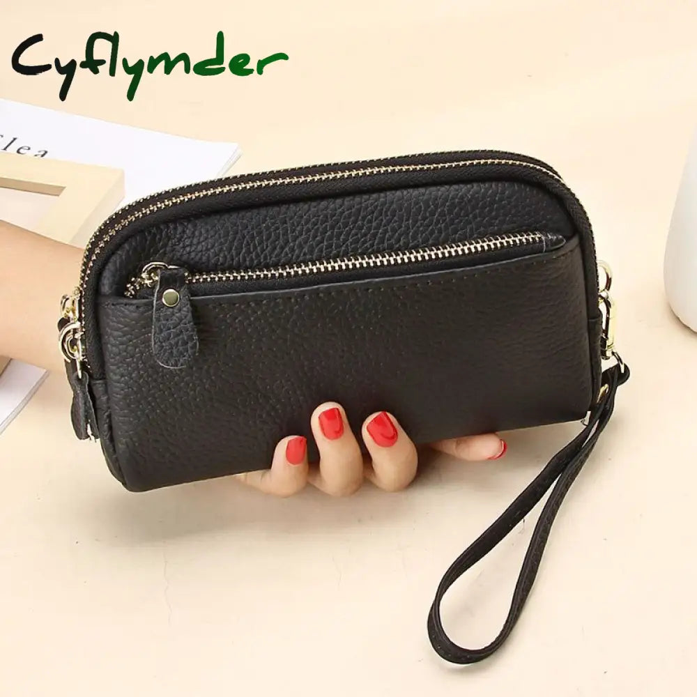 Cyflymder Genuine Leather Women Double Zip Wallet New Ladies Clutch Purse Cowhide Wristlet Bag Coin