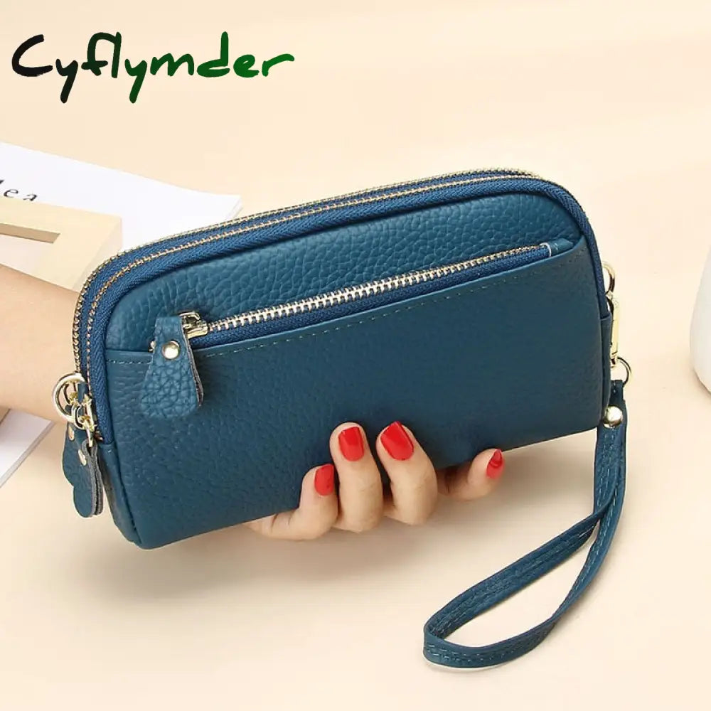 Cyflymder Genuine Leather Women Double Zip Wallet New Ladies Clutch Purse Cowhide Wristlet Bag Coin