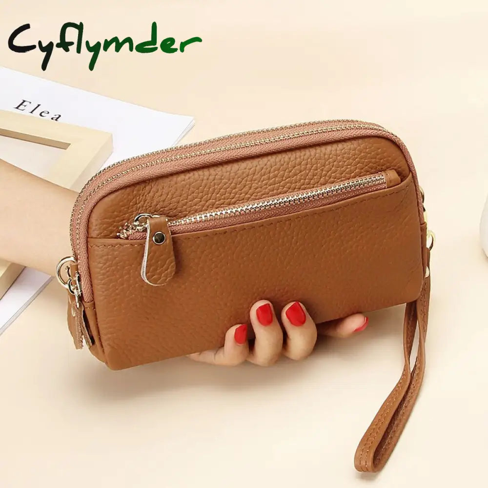 Cyflymder Genuine Leather Women Double Zip Wallet New Ladies Clutch Purse Cowhide Wristlet Bag Coin