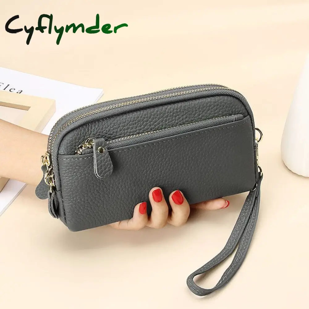 Cyflymder Genuine Leather Women Double Zip Wallet New Ladies Clutch Purse Cowhide Wristlet Bag Coin