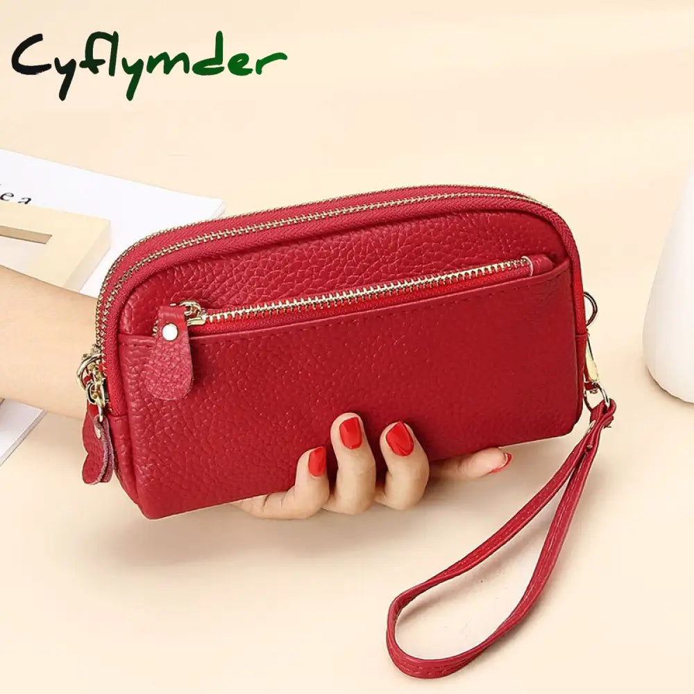 Cyflymder Genuine Leather Women Double Zip Wallet New Ladies Clutch Purse Cowhide Wristlet Bag Coin