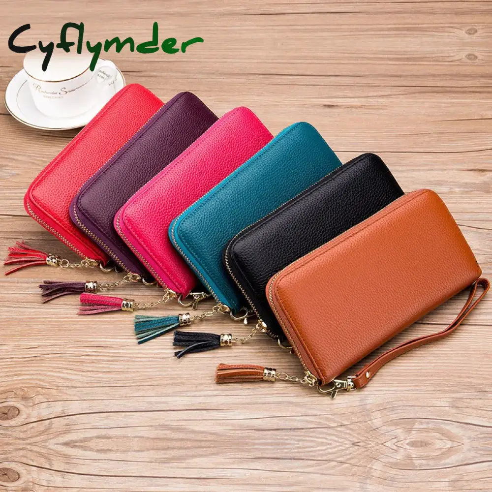 Cyflymder Genuine Leather Women Solid Long Wallets Ladies Tassel Design Clutch Female Phone Money