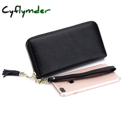 Cyflymder Genuine Leather Women Solid Long Wallets Ladies Tassel Design Clutch Female Phone Money