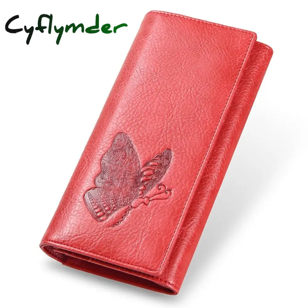 Cyflymder Genuine Leather Women Wallet Long Purse Butterfly Embossing Wallets Female Card Holders