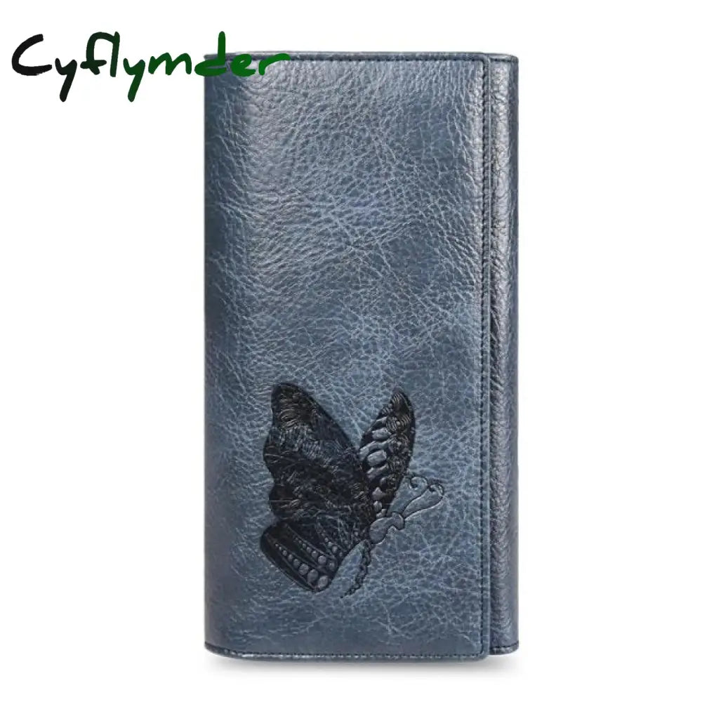 Cyflymder Genuine Leather Women Wallet Long Purse Butterfly Embossing Wallets Female Card Holders