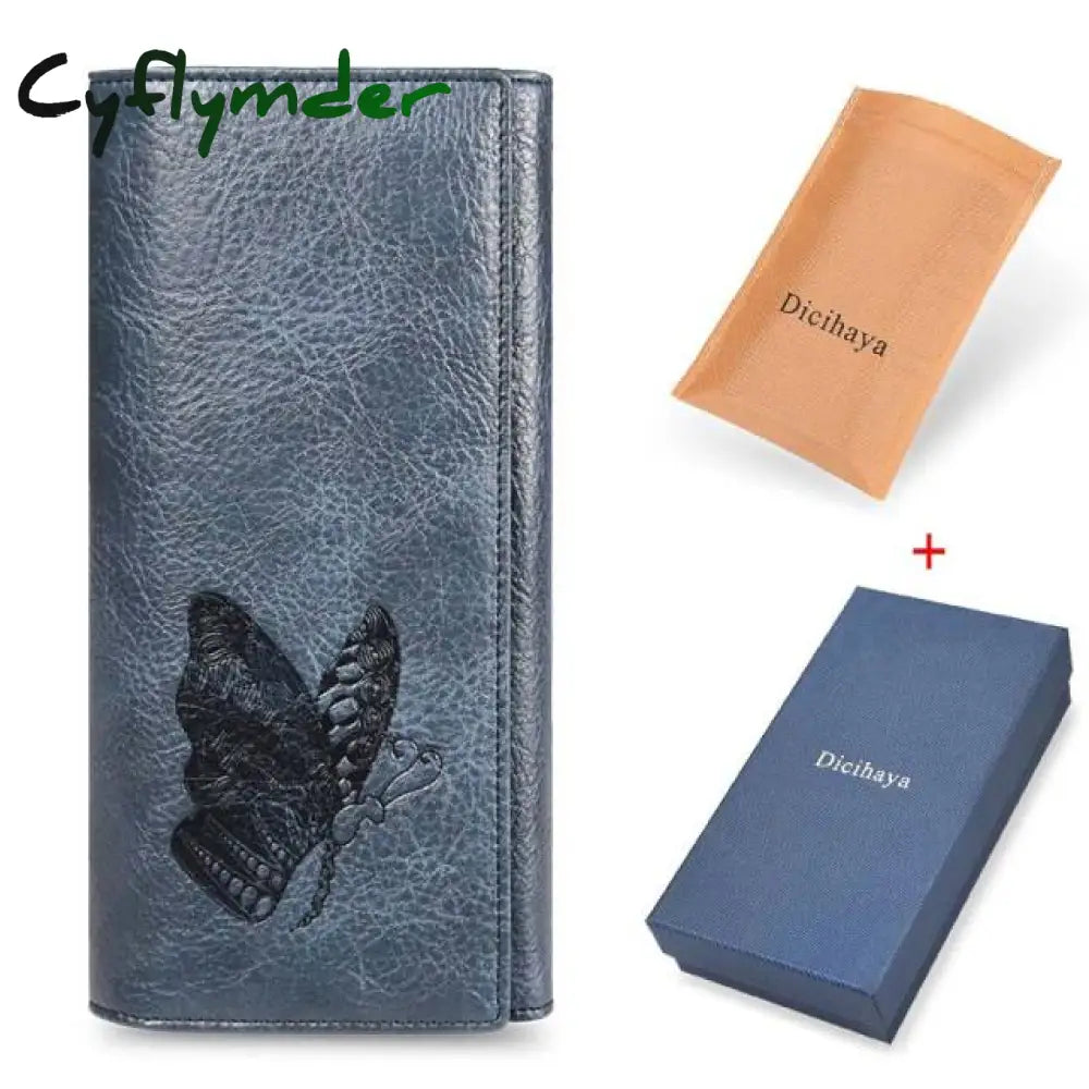 Cyflymder Genuine Leather Women Wallet Long Purse Butterfly Embossing Wallets Female Card Holders