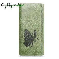 Cyflymder Genuine Leather Women Wallet Long Purse Butterfly Embossing Wallets Female Card Holders