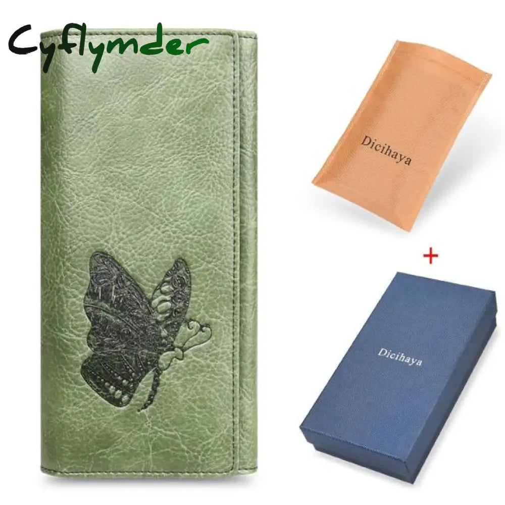 Cyflymder Genuine Leather Women Wallet Long Purse Butterfly Embossing Wallets Female Card Holders